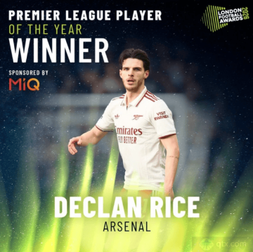 阿森纳赖斯荣获英超最佳球员,阿尔特塔获最佳主帅称号。